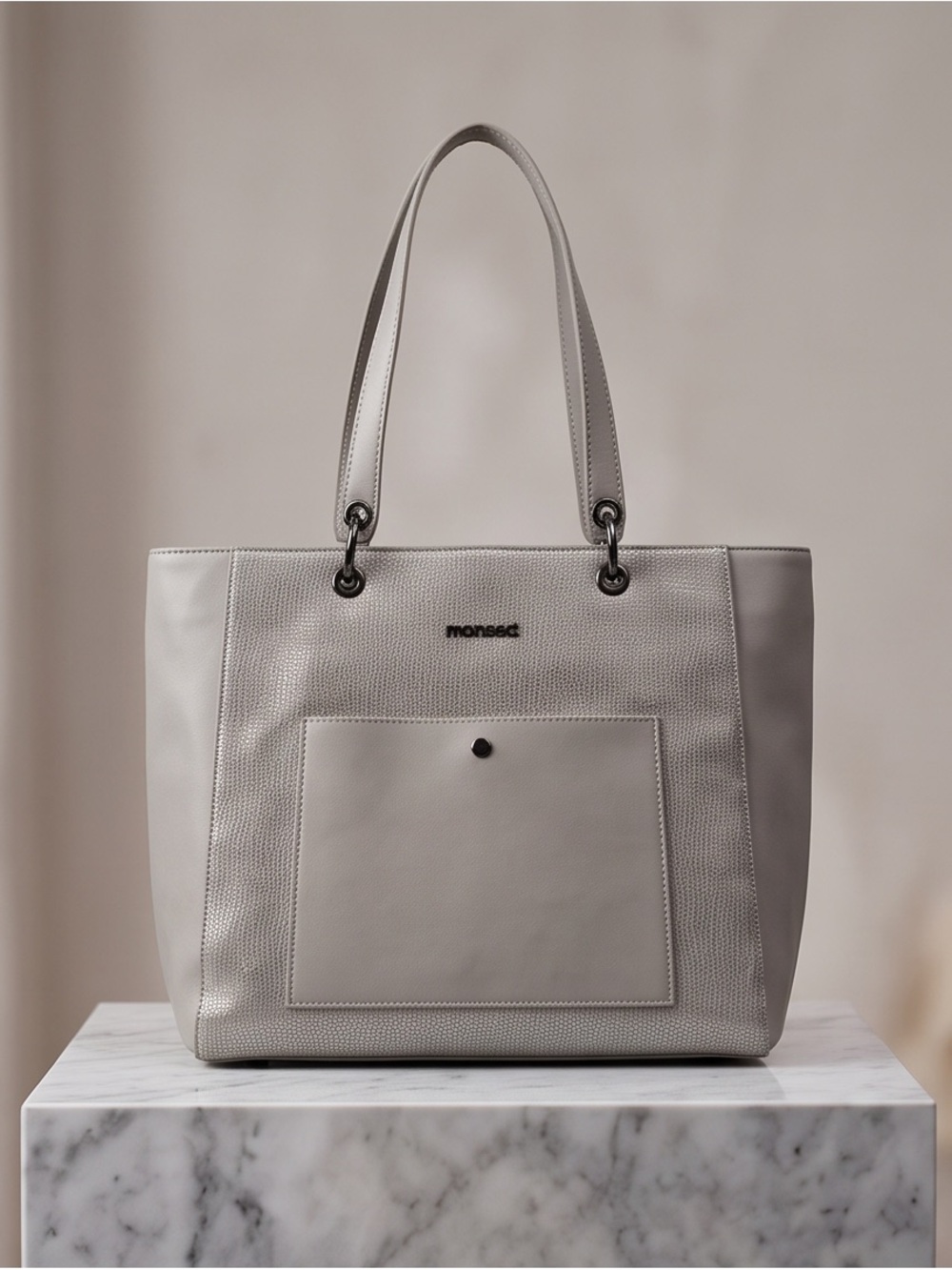 MONSE Light Gray Leather Tote with Front Pocket